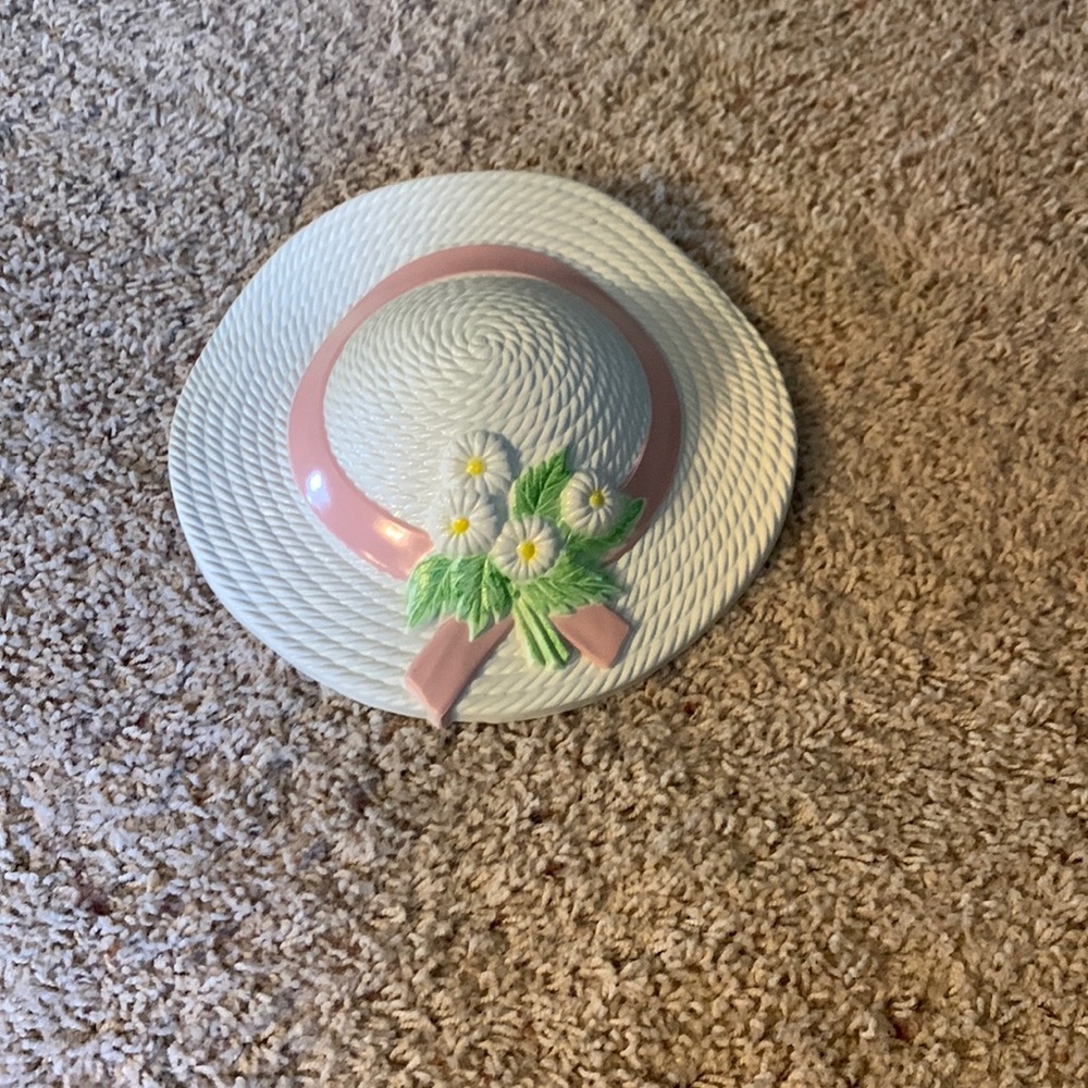 Vintage Homeco Home Interiors White Straw Hat Pink Ribbon Flowers Wall art